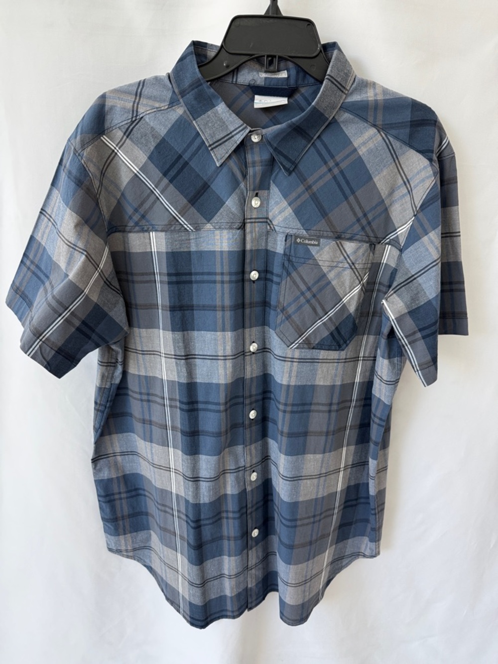 Columbia Men’s Blue and Gray Plaid Short-Sleeve Button-Down Shirt